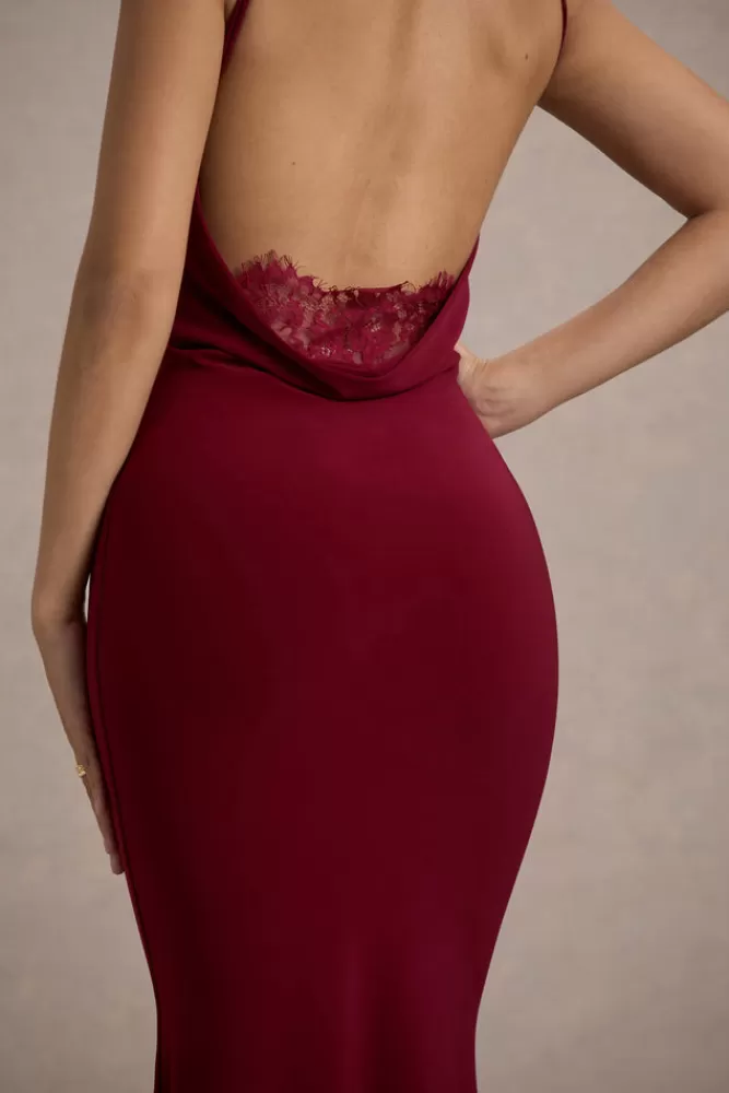 Club L London Francoise | Cowl Neck Backless Maxi Dress With Lace Insert BERRY Cheap