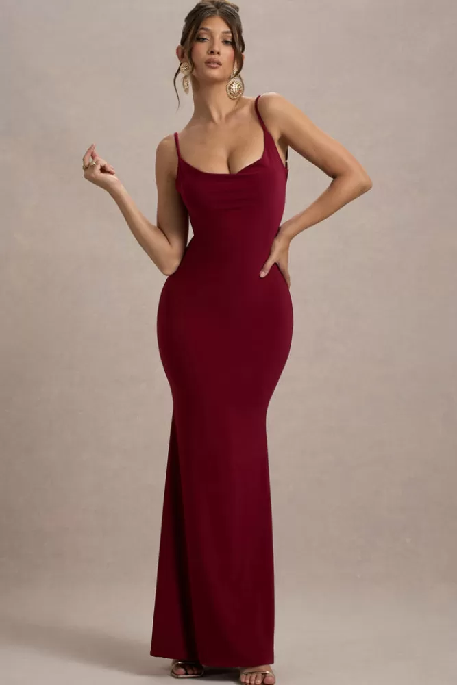 Club L London Francoise | Cowl Neck Backless Maxi Dress With Lace Insert BERRY Cheap