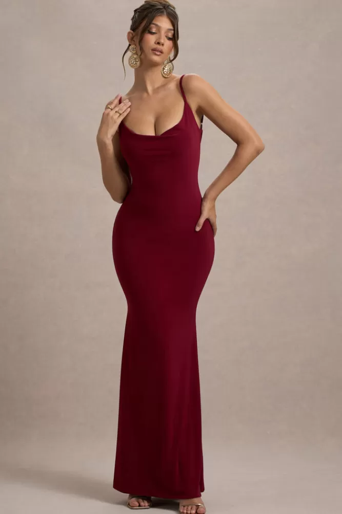 Club L London Francoise | Cowl Neck Backless Maxi Dress With Lace Insert BERRY Cheap