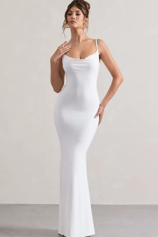 Club L London Francoise | Cowl Neck Backless Maxi Dress With Lace Insert WHITE Clearance