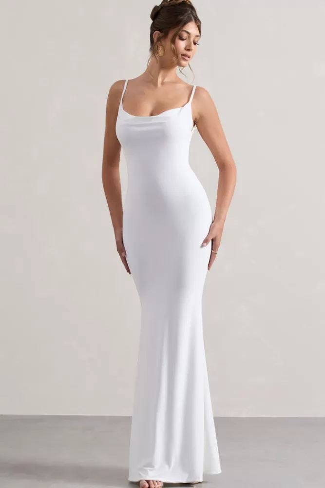 Club L London Francoise | Cowl Neck Backless Maxi Dress With Lace Insert WHITE Clearance