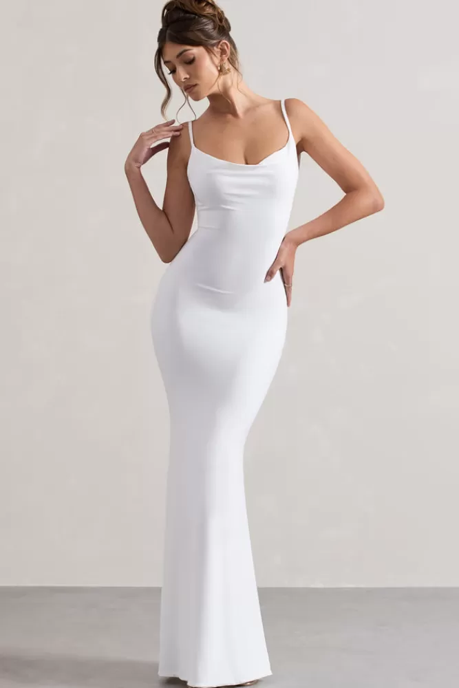 Club L London Francoise | Cowl Neck Backless Maxi Dress With Lace Insert WHITE Clearance
