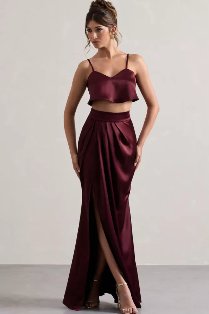 Club L London Free Feeling | Satin Split Maxi Skirt PLUM Flash Sale