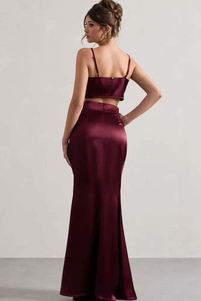 Club L London Free Feeling | Satin Split Maxi Skirt PLUM Flash Sale