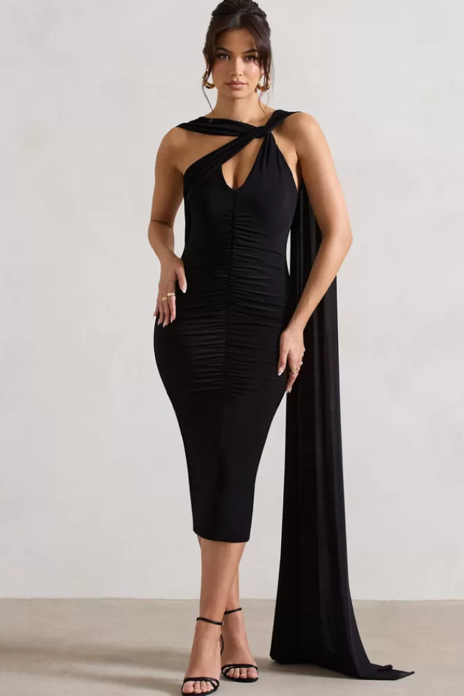Club L London Freedom | Strappy Asymmetric Cut-Out Midi Dress With Cape BLACK Fashion