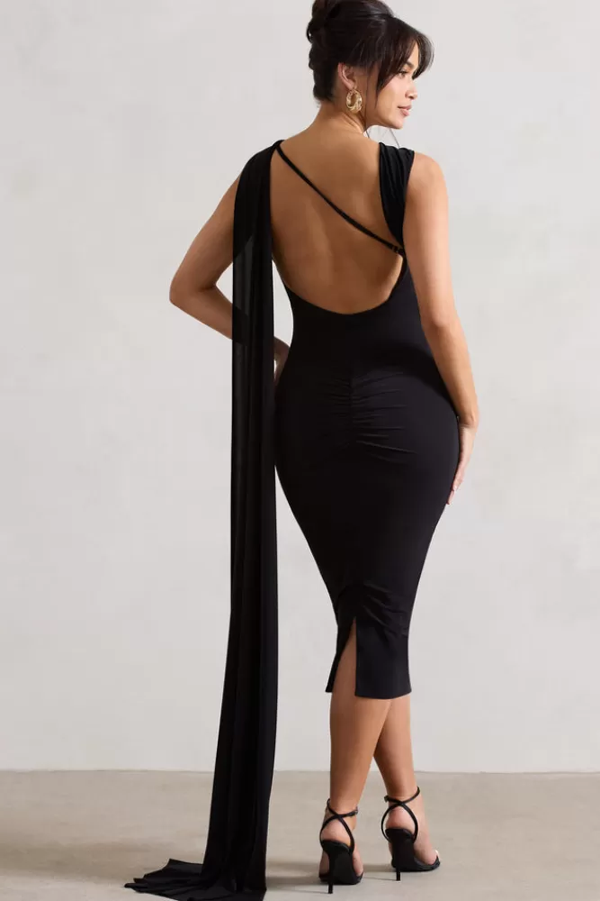 Club L London Freedom | Strappy Asymmetric Cut-Out Midi Dress With Cape BLACK Fashion