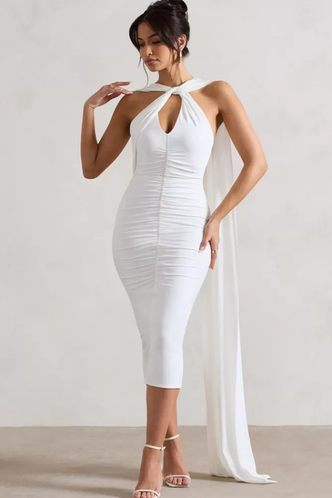 Club L London Freedom | Strappy Asymmetric Cut-Out Midi Dress With Cape WHITE New