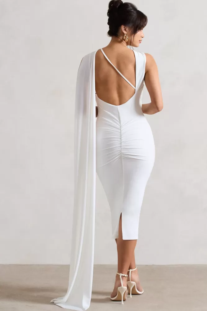 Club L London Freedom | Strappy Asymmetric Cut-Out Midi Dress With Cape WHITE New