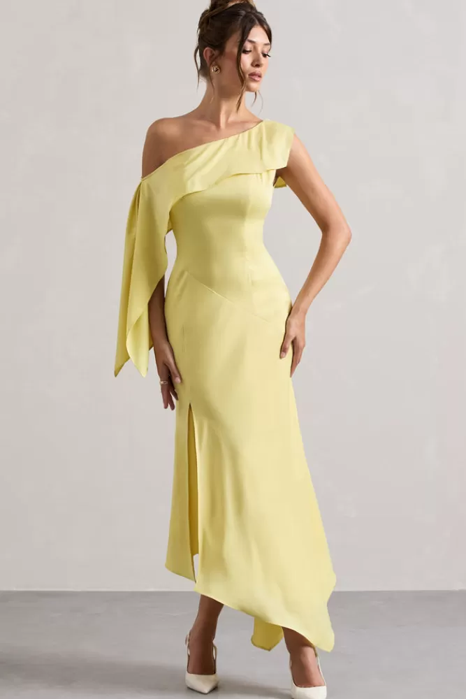 Club L London Freesia | Lemon Satin Asymmetric Draped Split Maxi Dress SHERBETLEMON Shop