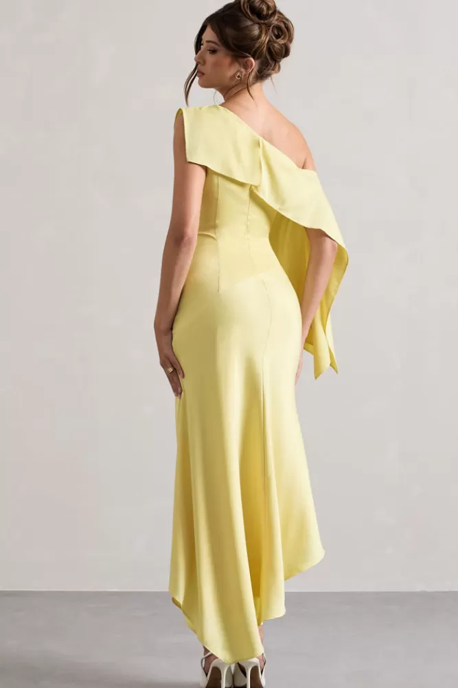 Club L London Freesia | Lemon Satin Asymmetric Draped Split Maxi Dress SHERBETLEMON Shop