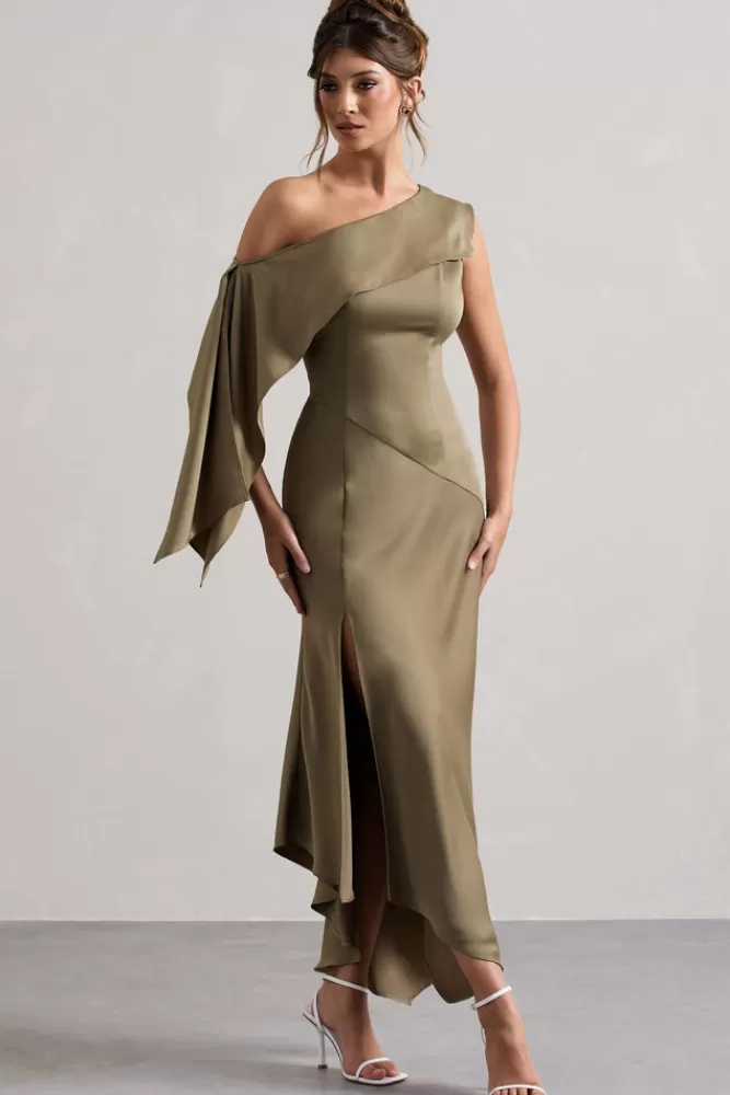 Club L London Freesia | Satin Asymmetric Draped Split Maxi Dress OLIVE Discount