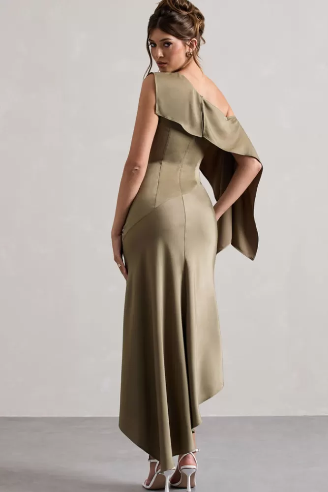 Club L London Freesia | Satin Asymmetric Draped Split Maxi Dress OLIVE Discount