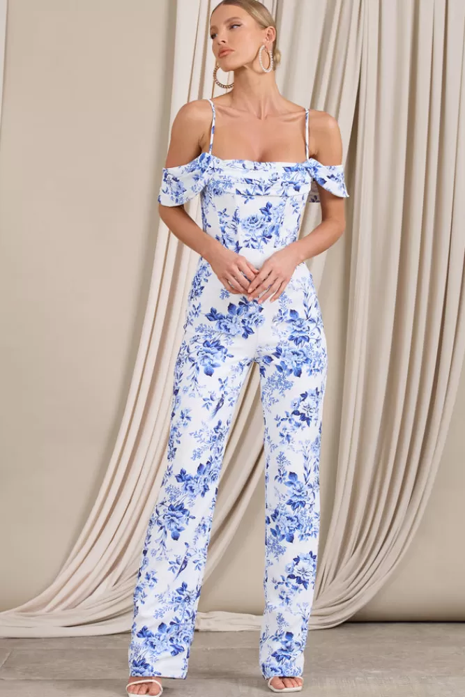 Club L London From The Vine | Blue Floral Strappy Drape-Sleeved Corset Jumpsuit MULTI Flash Sale
