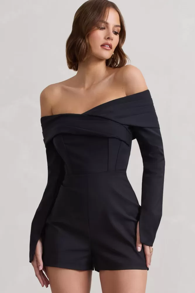 Club L London Front Row | Long-Sleeved Bardot Corset Playsuit BLACK Best
