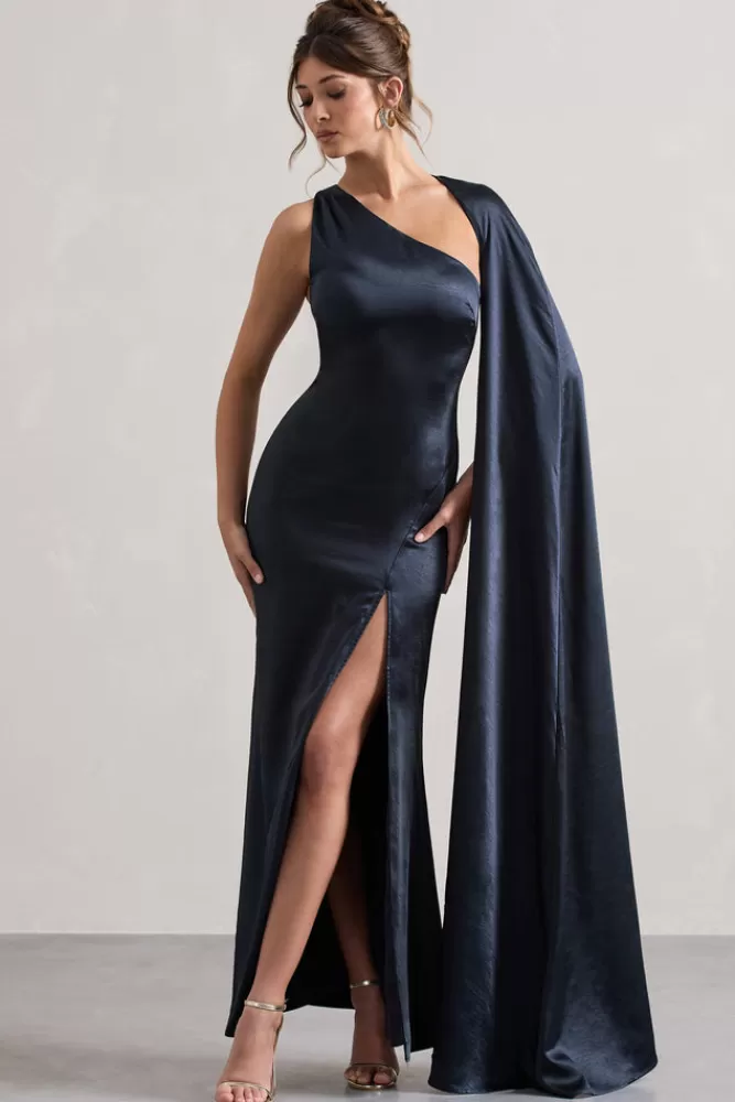 Club L London Gala | Satin One-Shoulder Cape Sleeve Split Maxi Dress NAVY Flash Sale