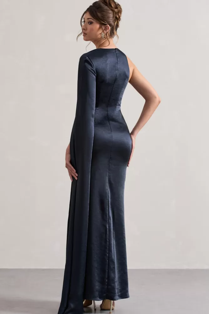 Club L London Gala | Satin One-Shoulder Cape Sleeve Split Maxi Dress NAVY Flash Sale