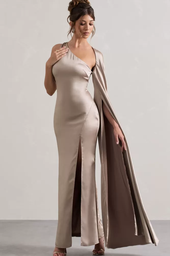 Club L London Gala | Satin One-Shoulder Cape Sleeve Split Maxi Dress TAUPE New