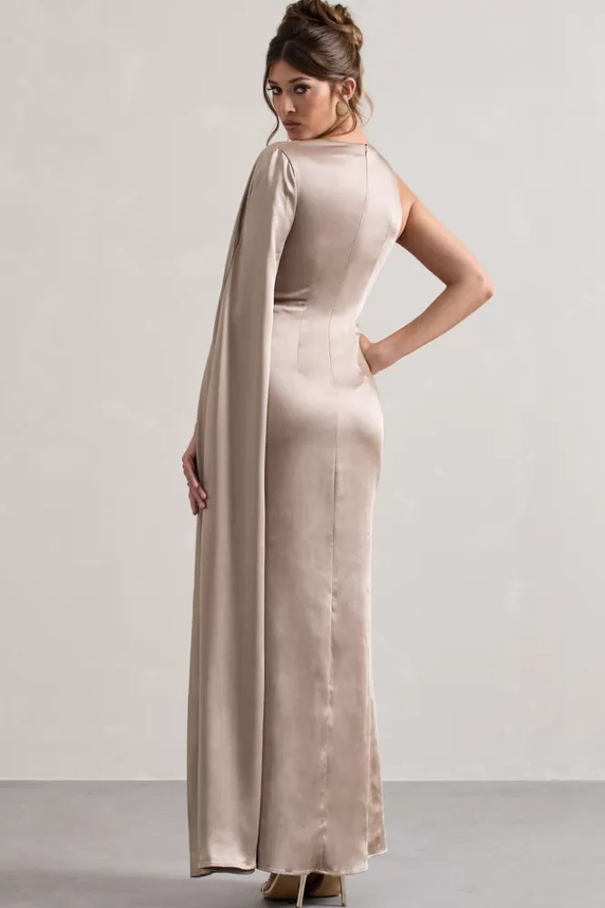 Club L London Gala | Satin One-Shoulder Cape Sleeve Split Maxi Dress TAUPE New