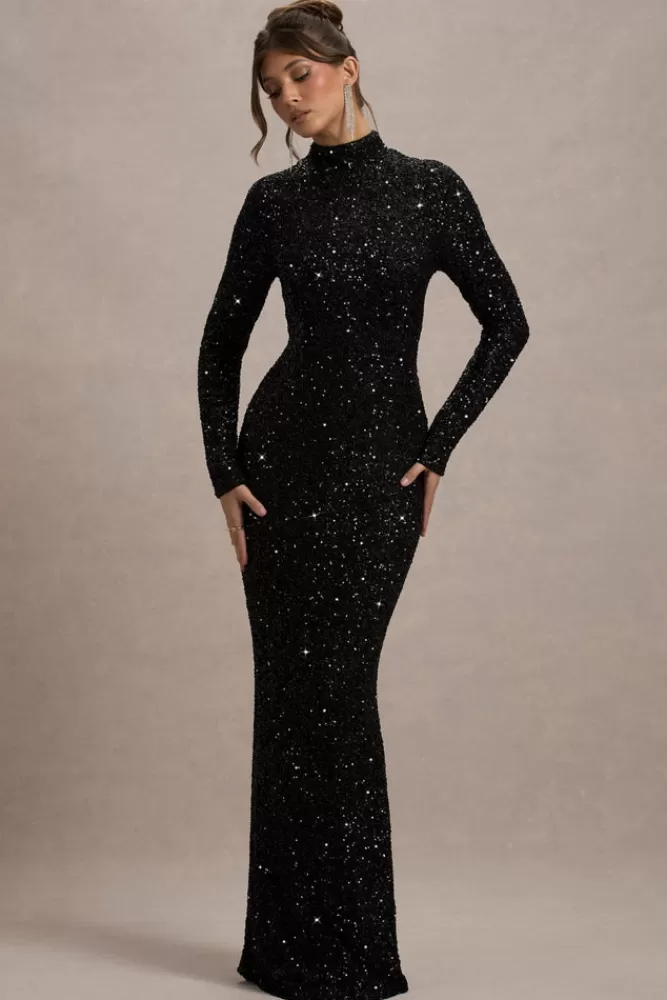 Club L London Galaxy | Sequin Turtle-Neck Long-Sleeve Maxi Dress BLACK Clearance