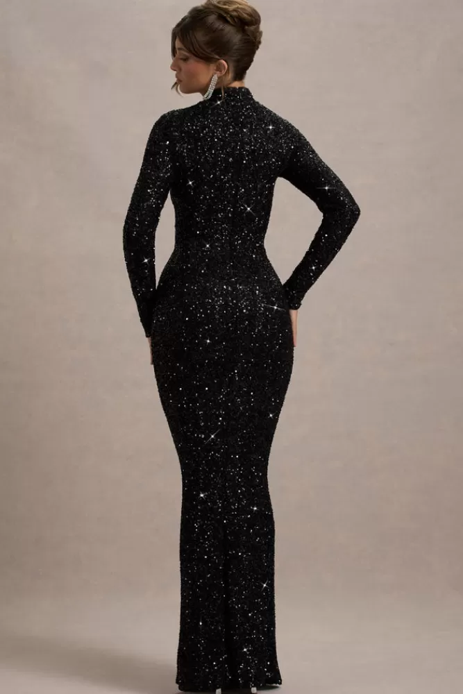 Club L London Galaxy | Sequin Turtle-Neck Long-Sleeve Maxi Dress BLACK Clearance