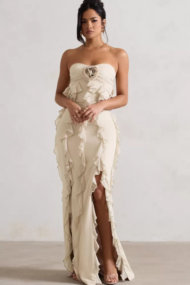 Club L London Gardenia | Strapless Ruffle Maxi Dress With Corsage CHAMPAGNE Clearance