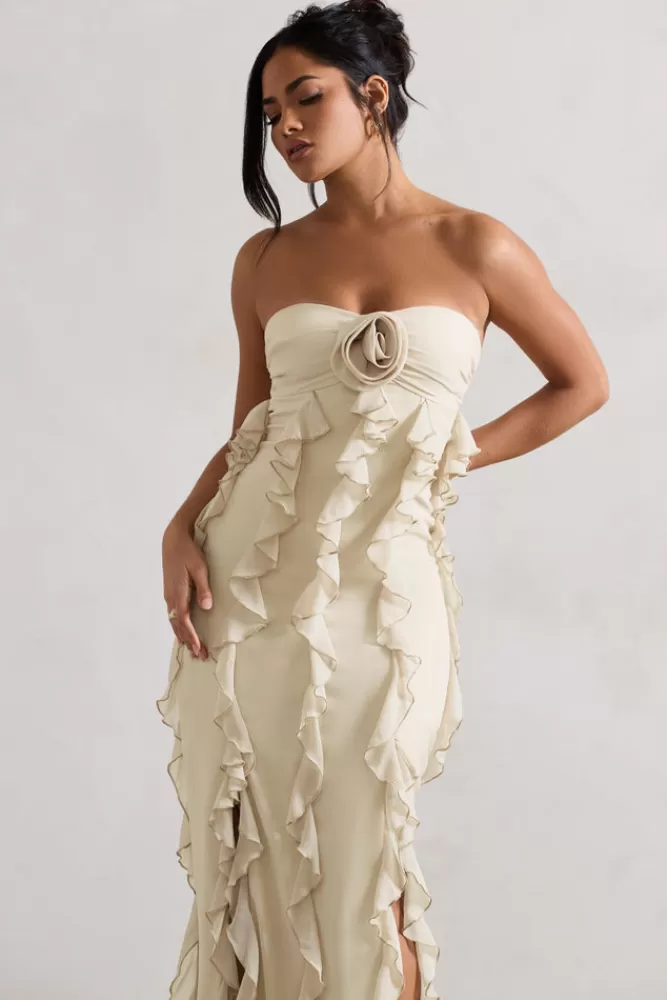 Club L London Gardenia | Strapless Ruffle Maxi Dress With Corsage CHAMPAGNE Clearance