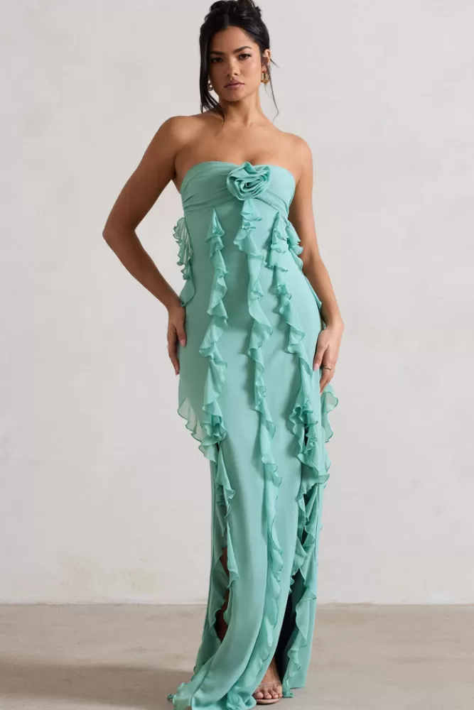 Club L London Gardenia | Green Strapless Ruffle Maxi Dress With Corsage MINT Best Sale