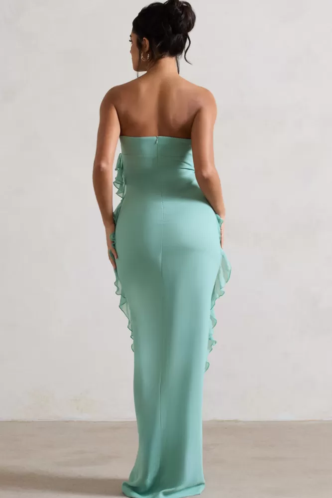 Club L London Gardenia | Green Strapless Ruffle Maxi Dress With Corsage MINT Best Sale