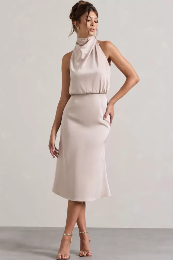 Club L London Geena | Satin Twisted High-Neck Midi Dress CHAMPAGNE Shop