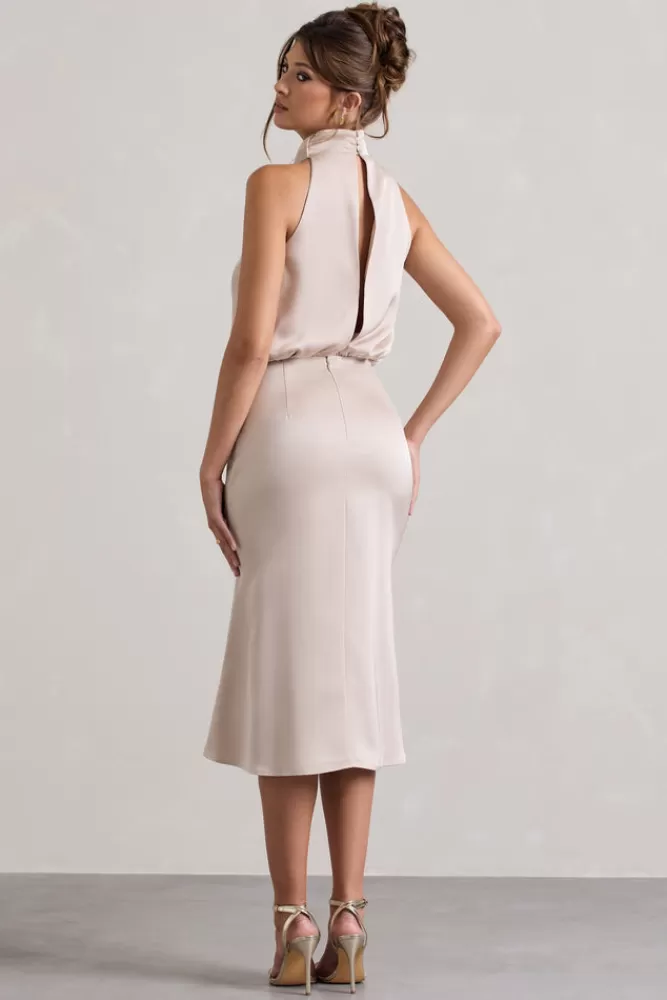 Club L London Geena | Satin Twisted High-Neck Midi Dress CHAMPAGNE Shop