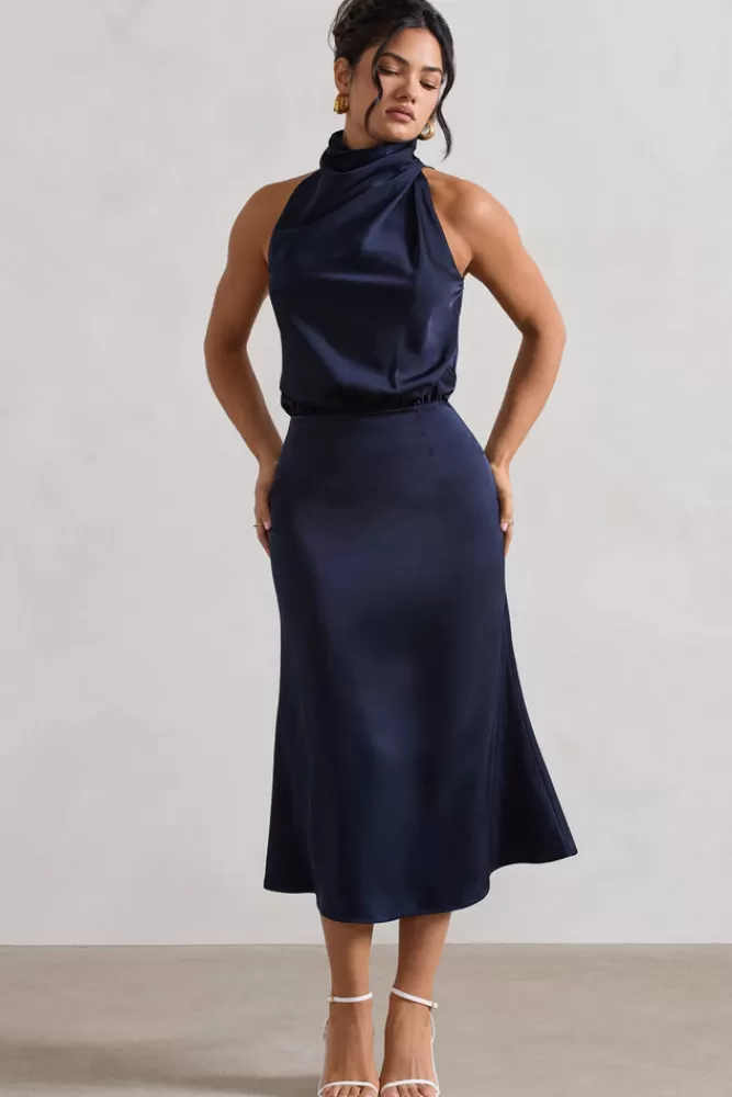 Club L London Geena | Satin Twisted High-Neck Midi Dress NAVY Fashion