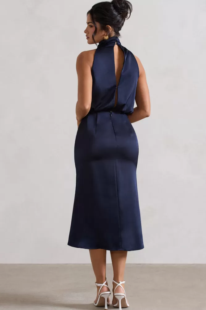 Club L London Geena | Satin Twisted High-Neck Midi Dress NAVY Fashion