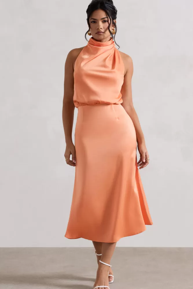 Club L London Geena | Satin Twisted High-Neck Midi Dress PEACH Store