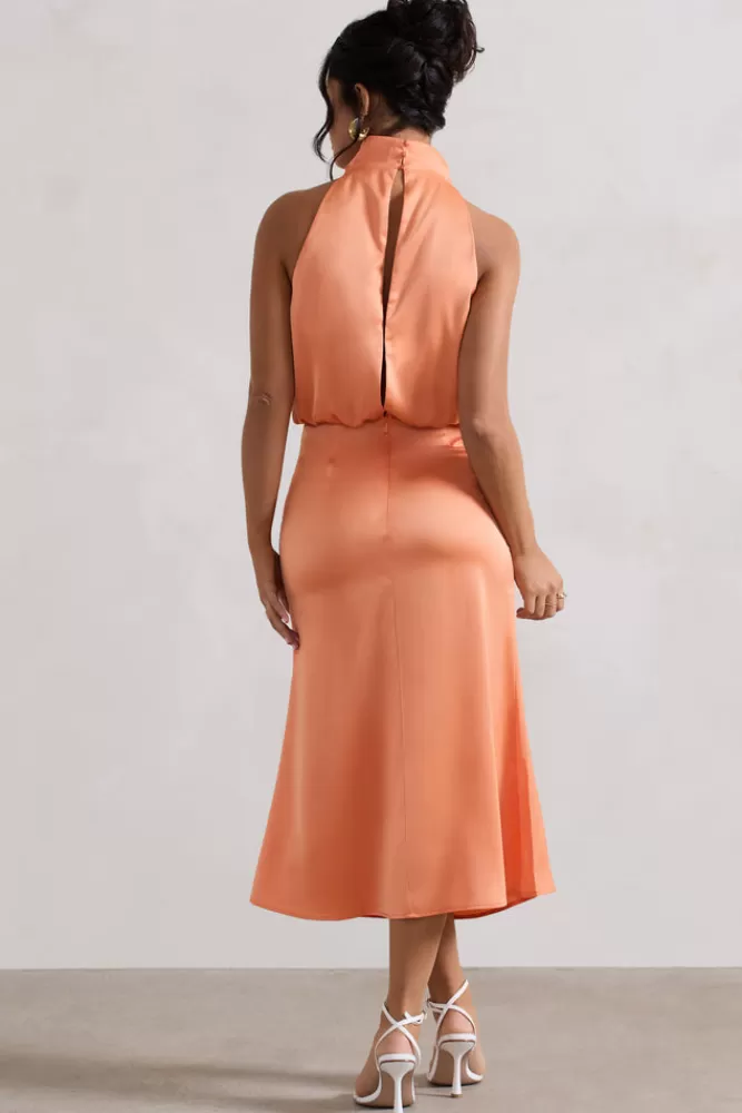 Club L London Geena | Satin Twisted High-Neck Midi Dress PEACH Store