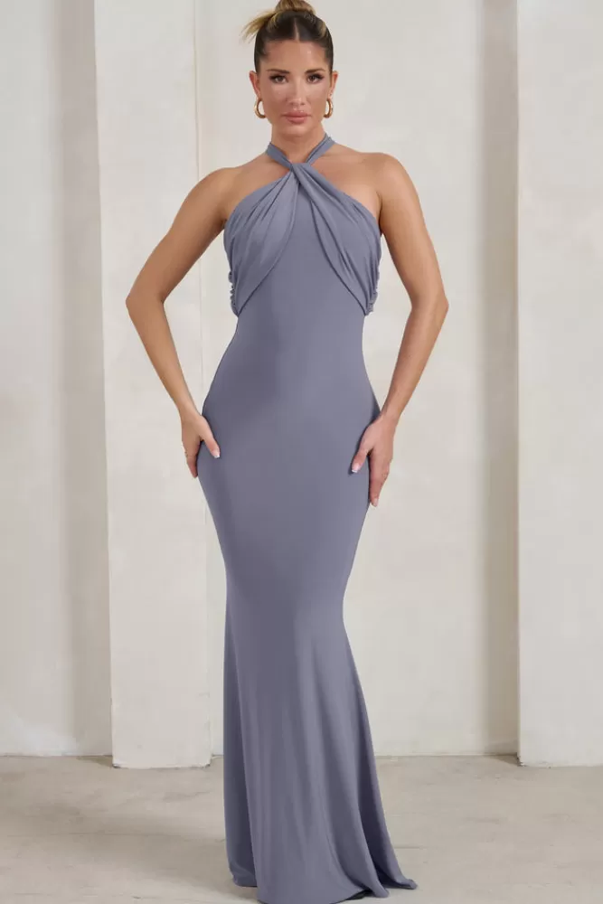 Club L London Genevieve | Twist High Neck Drape Detail Maxi Dress GREY Outlet