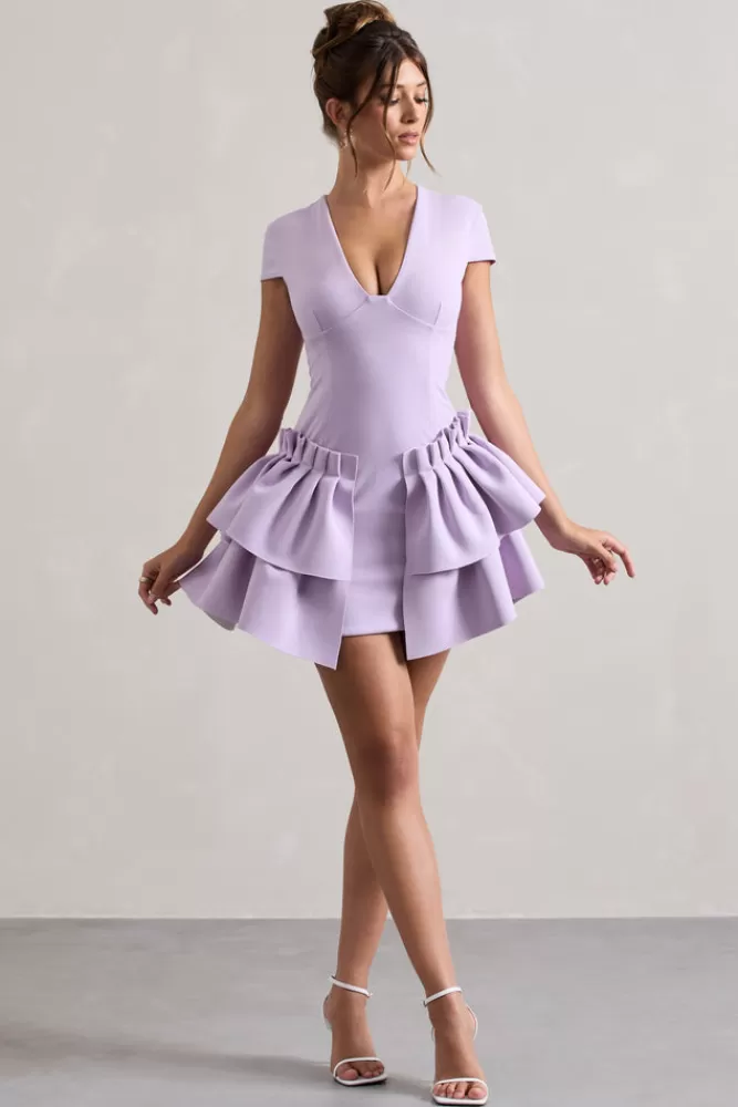 Club L London Genevieve | Plunge-Neck Mini Dress With Layered Hem LILAC Best Sale