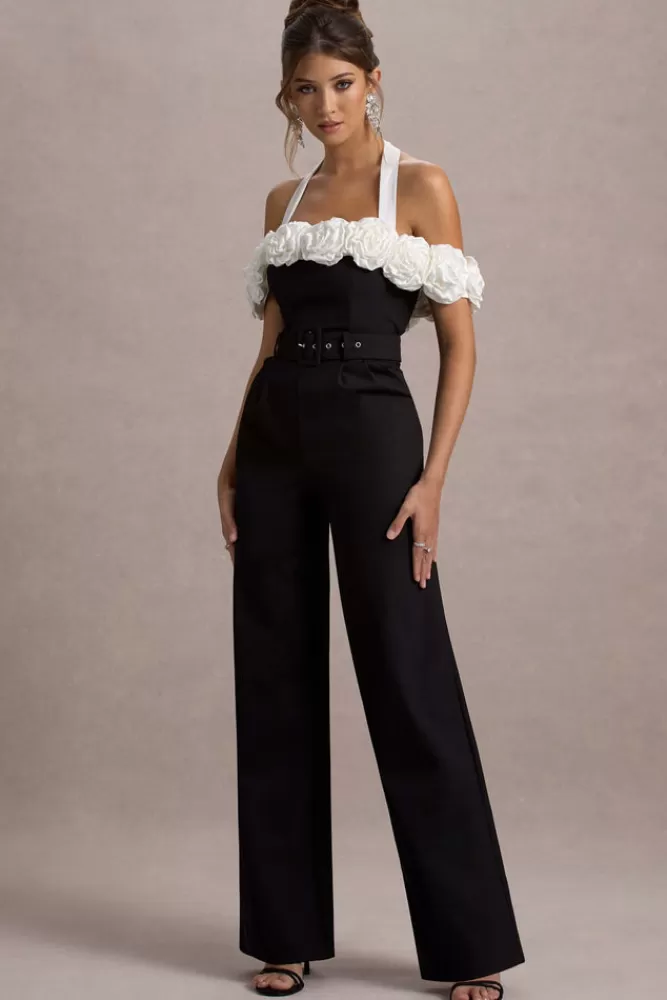 Club L London Genny | Black Tailored Wide-Leg Jumpsuit With Flowers BLACKANDECRU Best