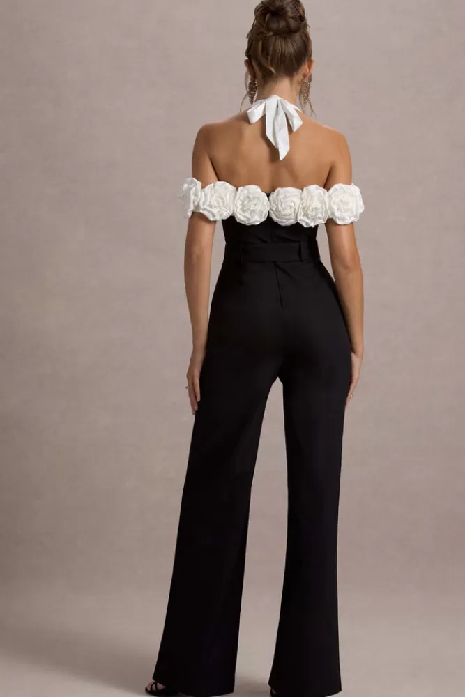 Club L London Genny | Black Tailored Wide-Leg Jumpsuit With Flowers BLACKANDECRU Best