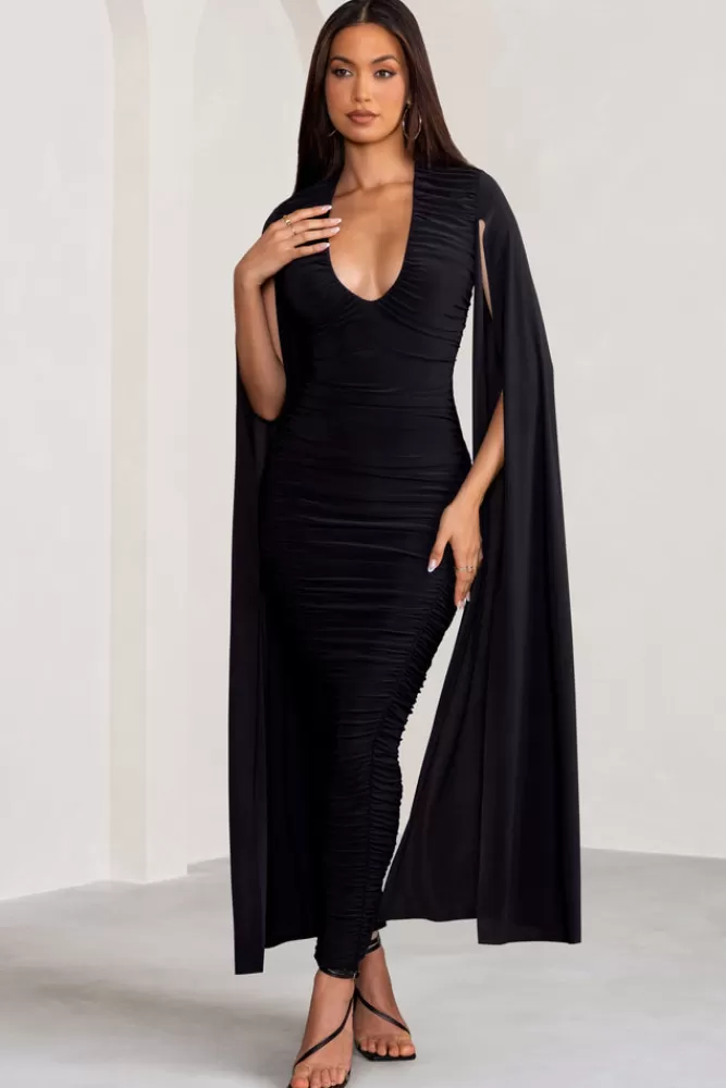 Club L London Georgiana | Plunge Ruched Maxi Dress with Cape Sleeves BLACK Sale