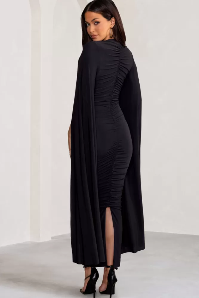 Club L London Georgiana | Plunge Ruched Maxi Dress with Cape Sleeves BLACK Sale