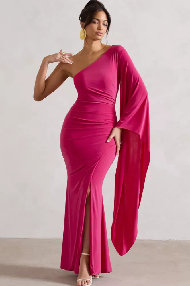 Club L London Giada | Dark Pink Ruched One Shoulder Cape Sleeve Maxi Dress BOUDOIRRED New