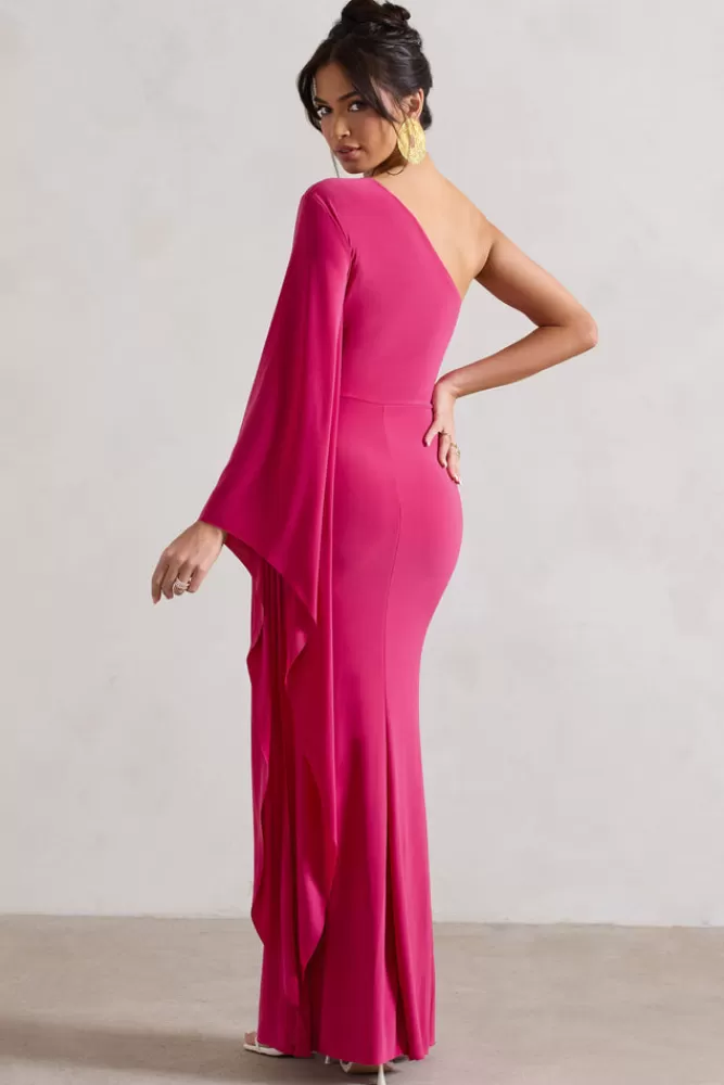 Club L London Giada | Dark Pink Ruched One Shoulder Cape Sleeve Maxi Dress BOUDOIRRED New