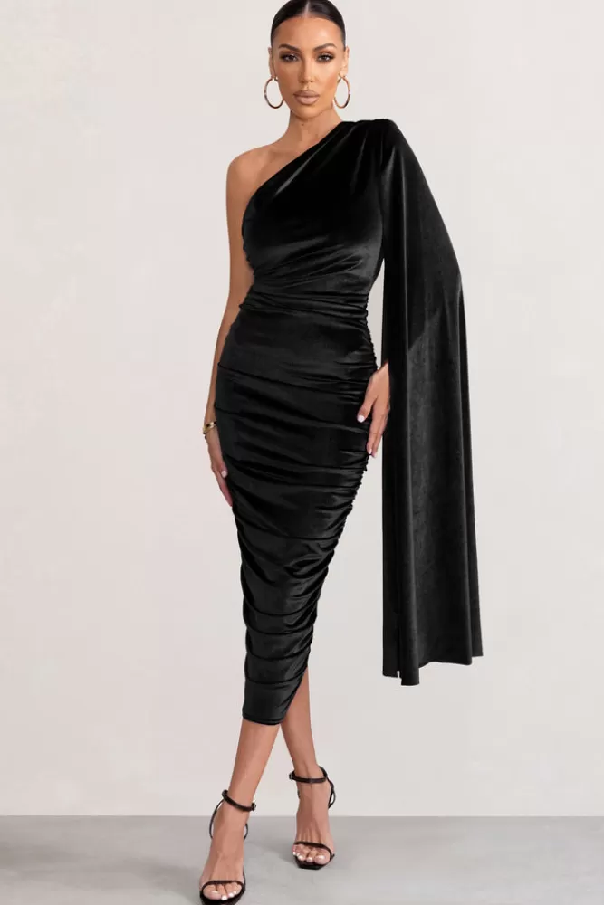 Club L London Gianna | Velvet One Shoulder Cape Bodycon Midi Dress BLACK Online