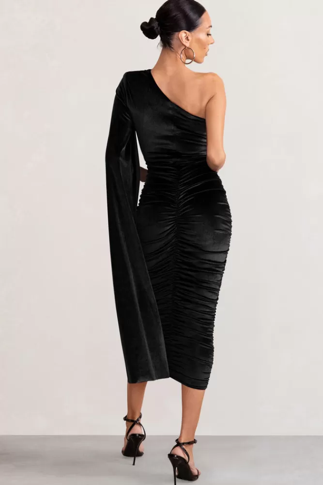 Club L London Gianna | Velvet One Shoulder Cape Bodycon Midi Dress BLACK Online