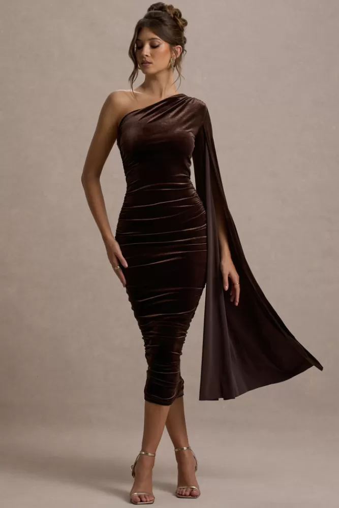 Club L London Gianna | Velvet One Shoulder Cape Bodycon Midi Dress CHOCOLATE Hot