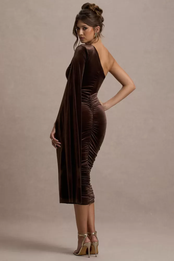 Club L London Gianna | Velvet One Shoulder Cape Bodycon Midi Dress CHOCOLATE Hot