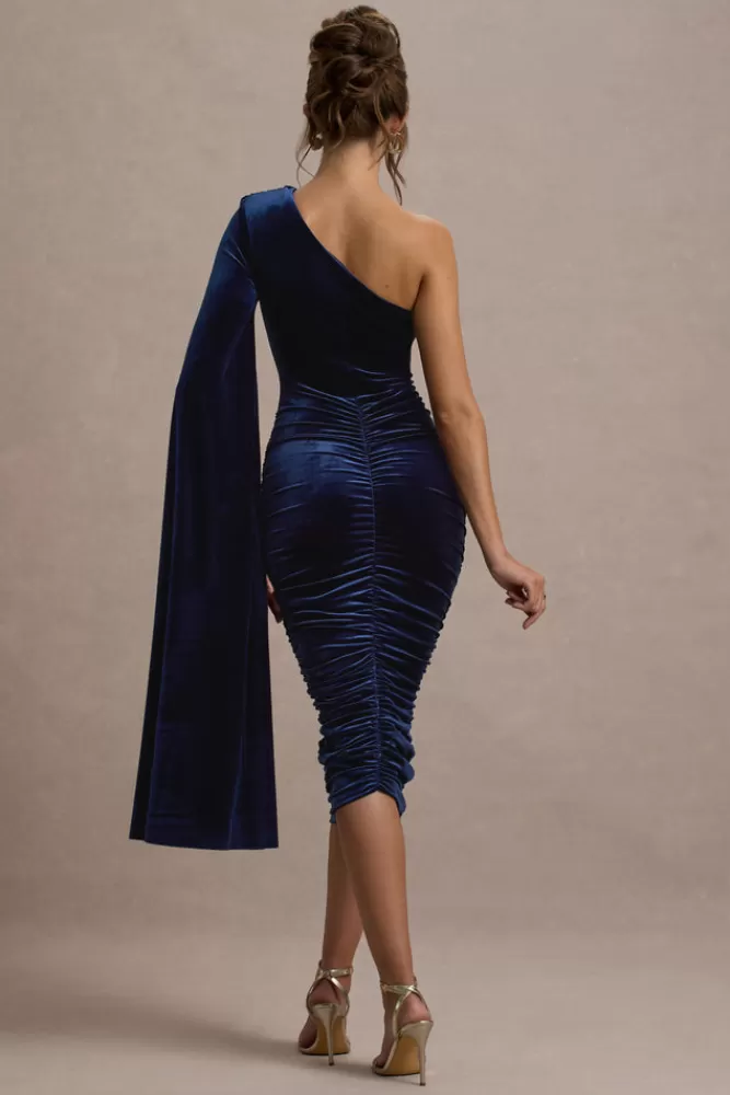 Club L London Gianna | Velvet One Shoulder Cape Bodycon Midi Dress NAVY Outlet