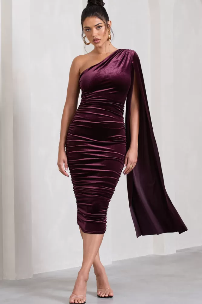 Club L London Gianna | Velvet One Shoulder Cape Bodycon Midi Dress PORT Best Sale