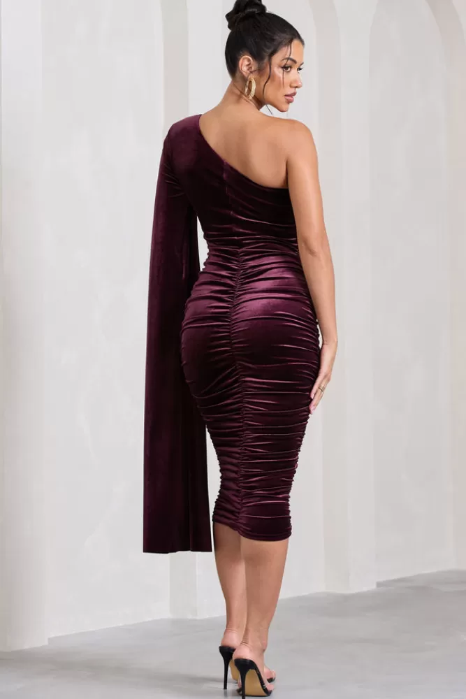 Club L London Gianna | Velvet One Shoulder Cape Bodycon Midi Dress PORT Best Sale