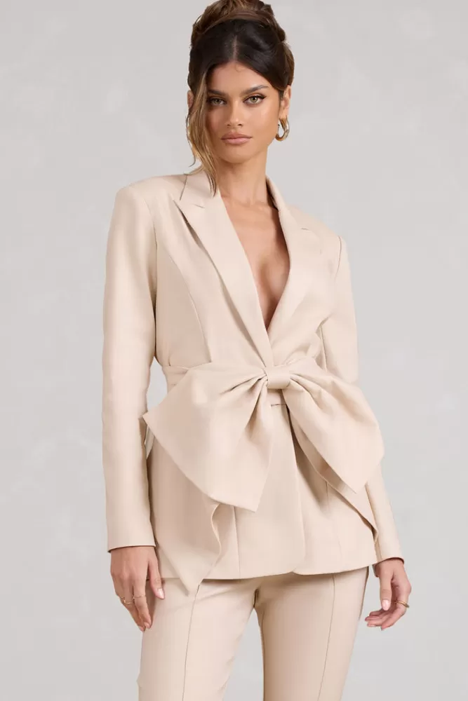 Club L London Gifted | Plunge Blazer With Statement Bow STONE Sale